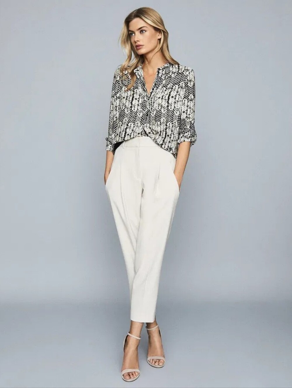 Reiss Black and White Printed V-Neck Blouse